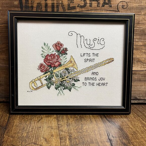Framed Completed Counted Cross Stitch Trombone & Flowers 1991 - Picture 1 of 8